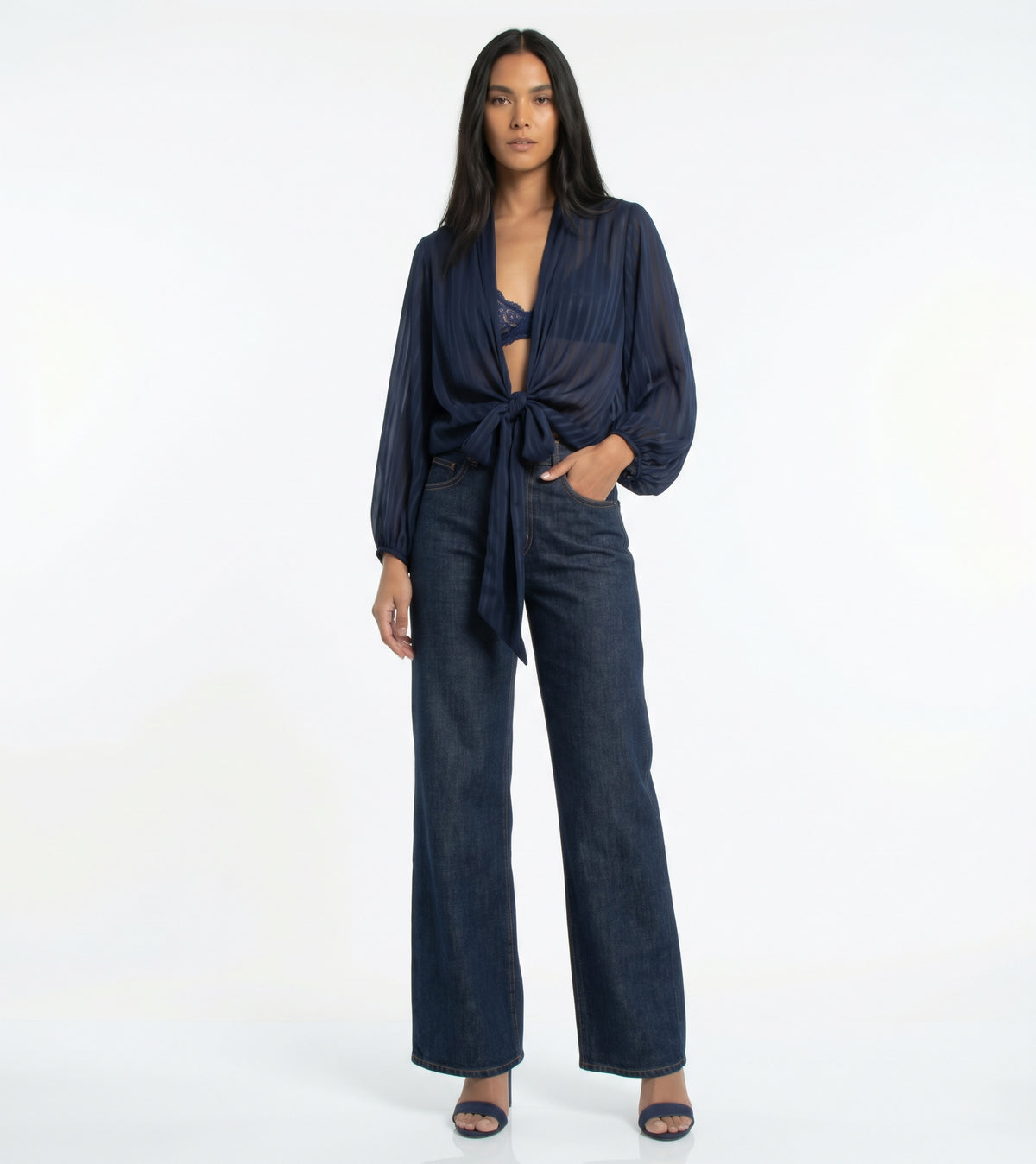 The Callista Striped Sheer Shimmer Tie-Front Blouse