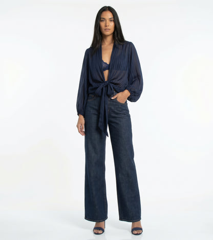 The Callista Striped Sheer Shimmer Tie-Front Blouse