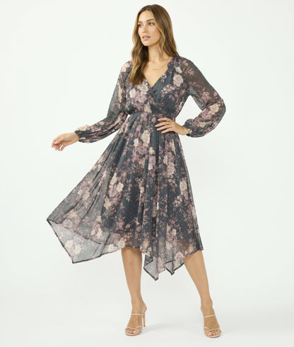The Adelaide Handkerchief-Hem Chiffon Midi Dress in Slate Floral