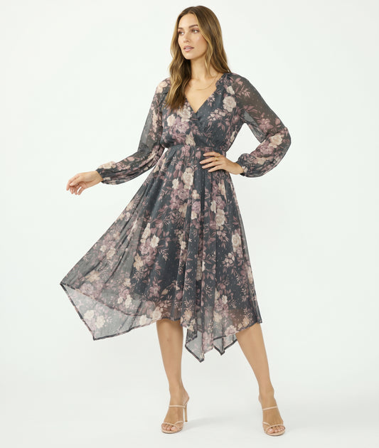The Adelaide Handkerchief-Hem Chiffon Midi Dress in Slate Floral
