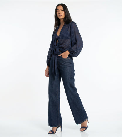 The Callista Striped Sheer Shimmer Tie-Front Blouse