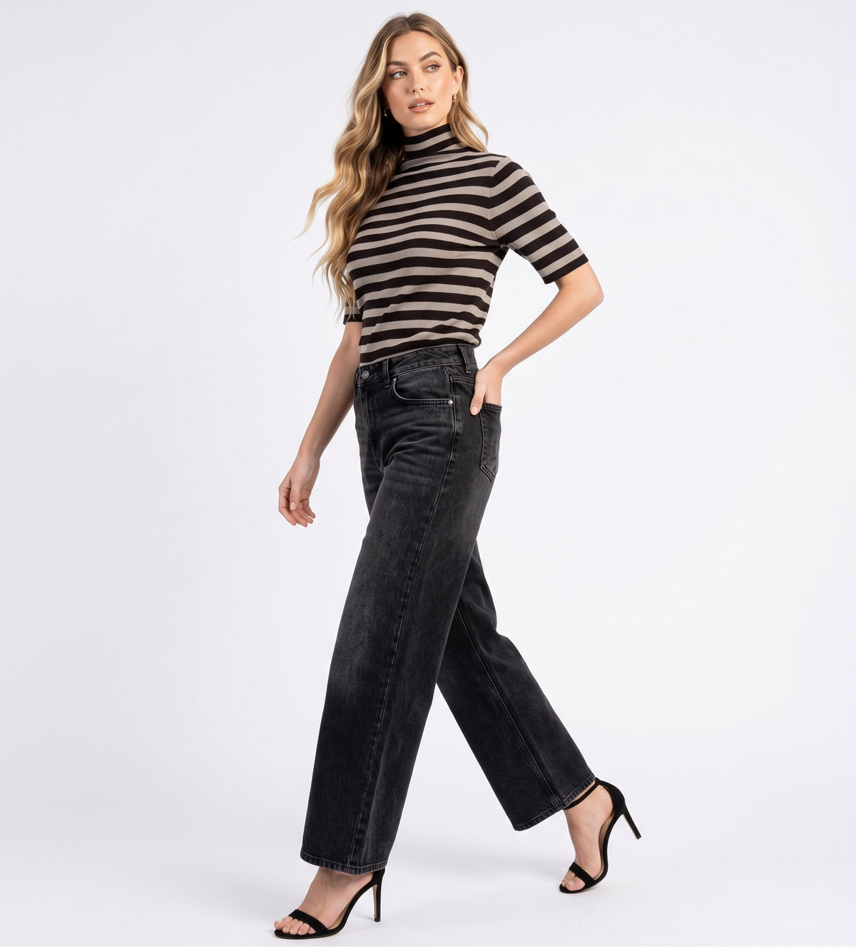 The Claire Striped Mock-Neck Ribbed Knit Top