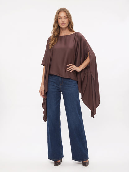 The Giselle Asymmetrical Draped Satin Poncho Top in Chocolate Brown