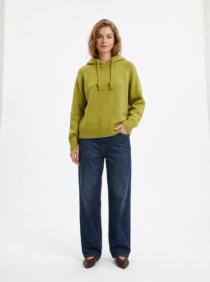 The Wren Chunky Knit Drawstring Hoodie Sweater in Chartreuse
