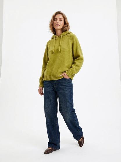 The Wren Chunky Knit Drawstring Hoodie Sweater in Chartreuse