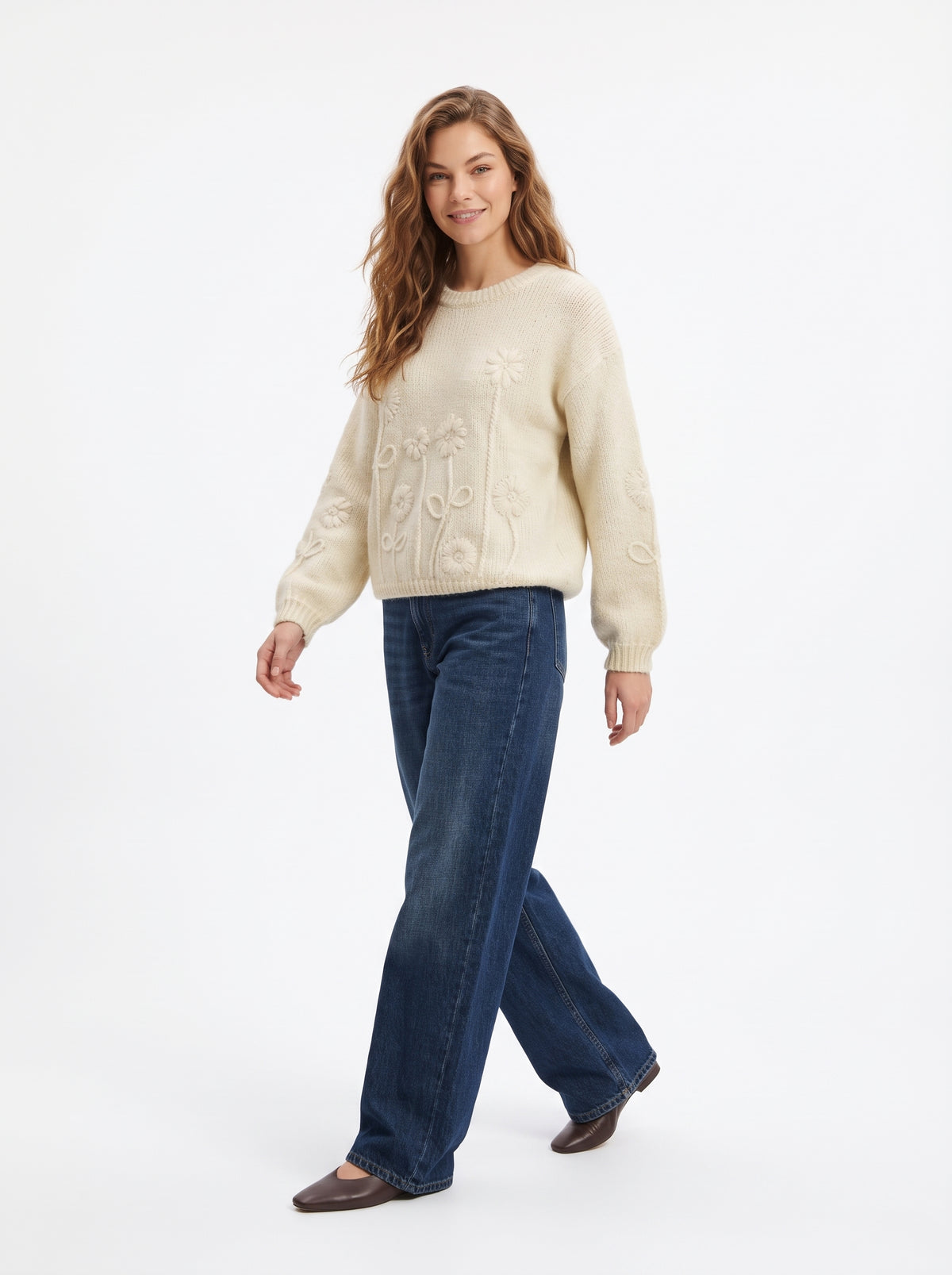 The Evangeline Floral Embroidered Crewneck Knit Sweater in Cream