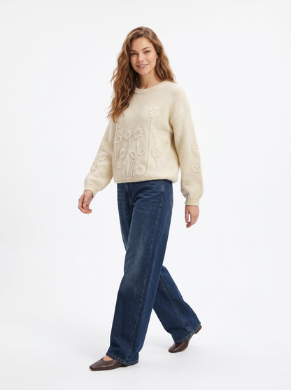 The Evangeline Floral Embroidered Crewneck Knit Sweater in Cream