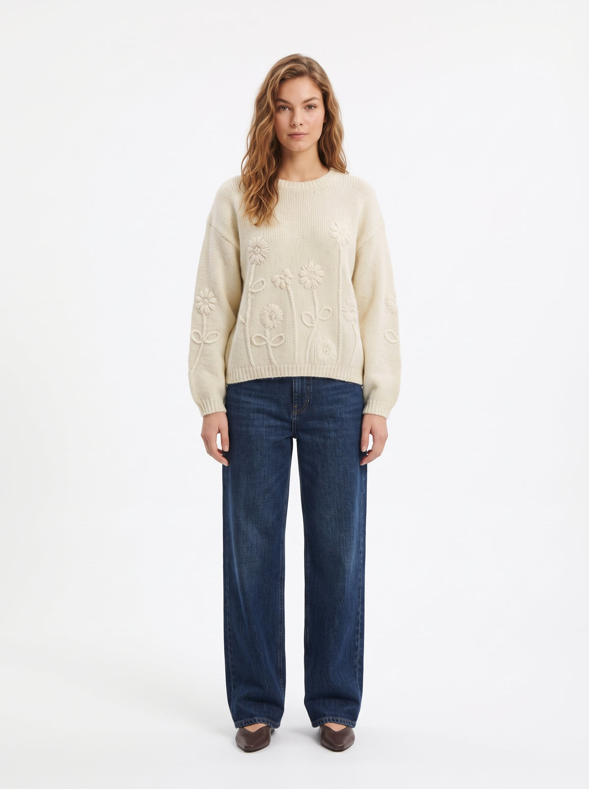 The Evangeline Floral Embroidered Crewneck Knit Sweater in Cream