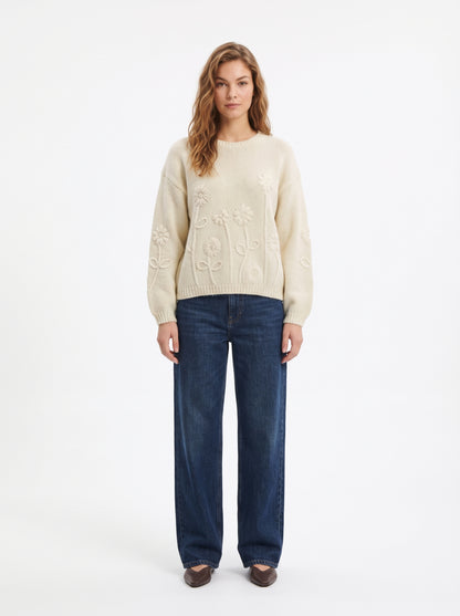The Evangeline Floral Embroidered Crewneck Knit Sweater in Cream