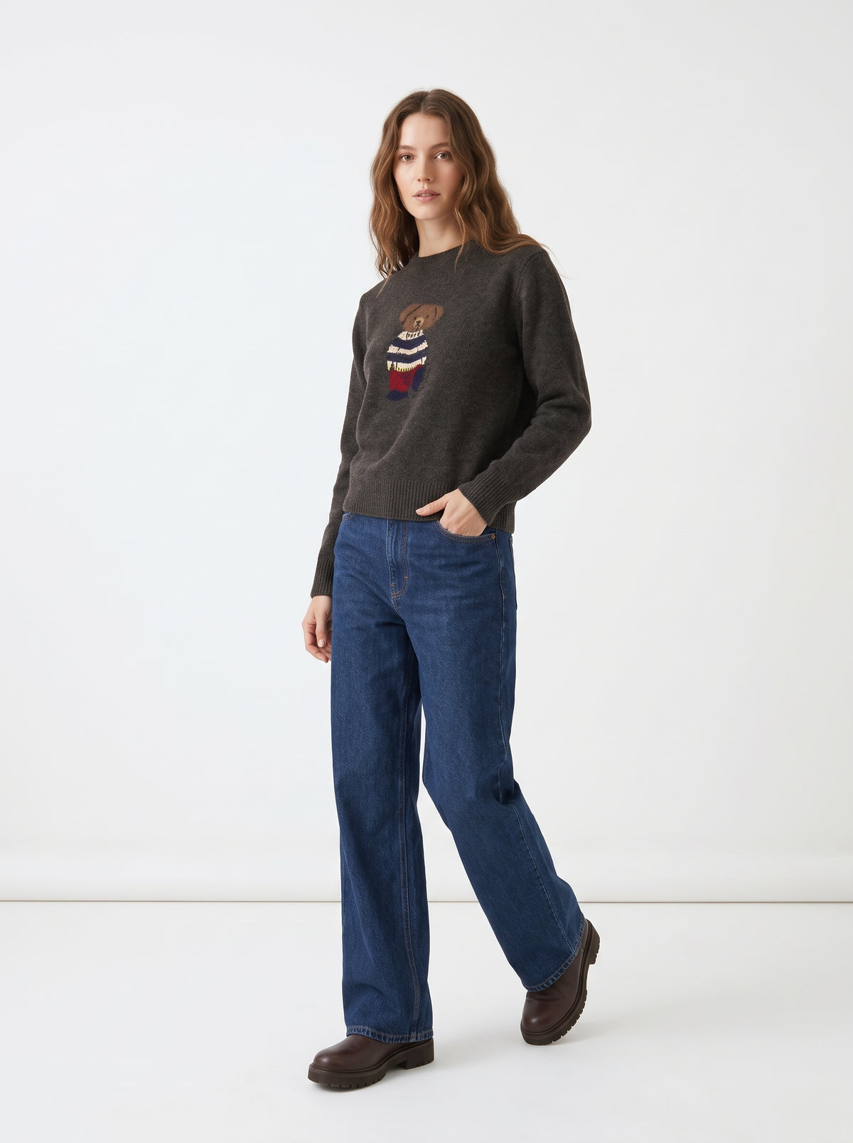 The Teddy Intarsia-Knit Crewneck Sweater in Charcoal