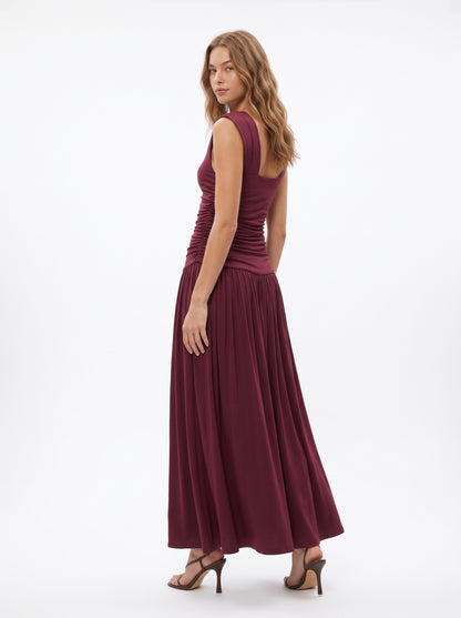 The Valentina Ruched Drop-Waist Sleeveless Maxi Dress in Burgundy
