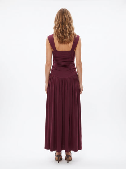The Valentina Ruched Drop-Waist Sleeveless Maxi Dress in Burgundy