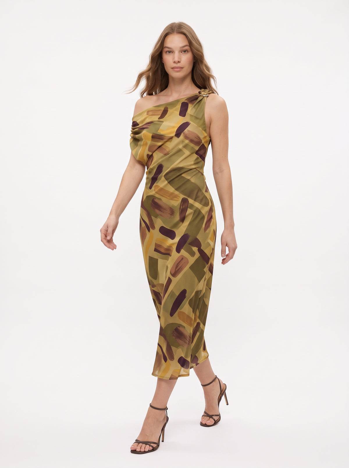 The Camilla One-Shoulder Abstract Print Midi Dress in Olive Multi