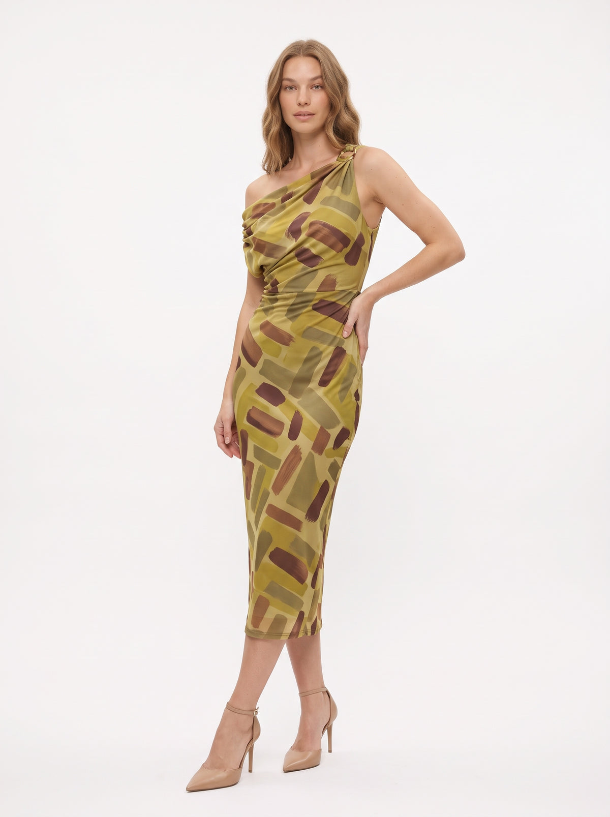 The Camilla One-Shoulder Abstract Print Midi Dress in Olive Multi