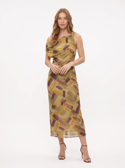 The Camilla One-Shoulder Abstract Print Midi Dress in Olive Multi