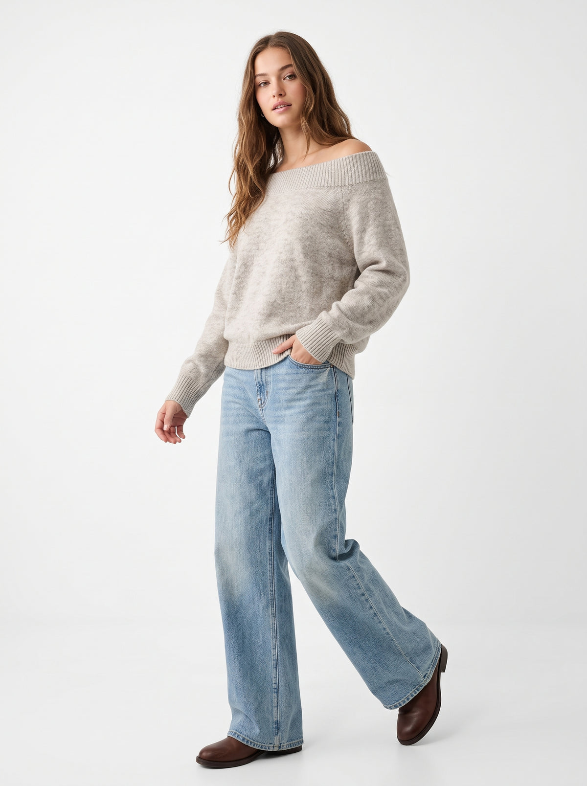The Harper Boatneck Relaxed Pullover Sweater in Heather Oatmeal