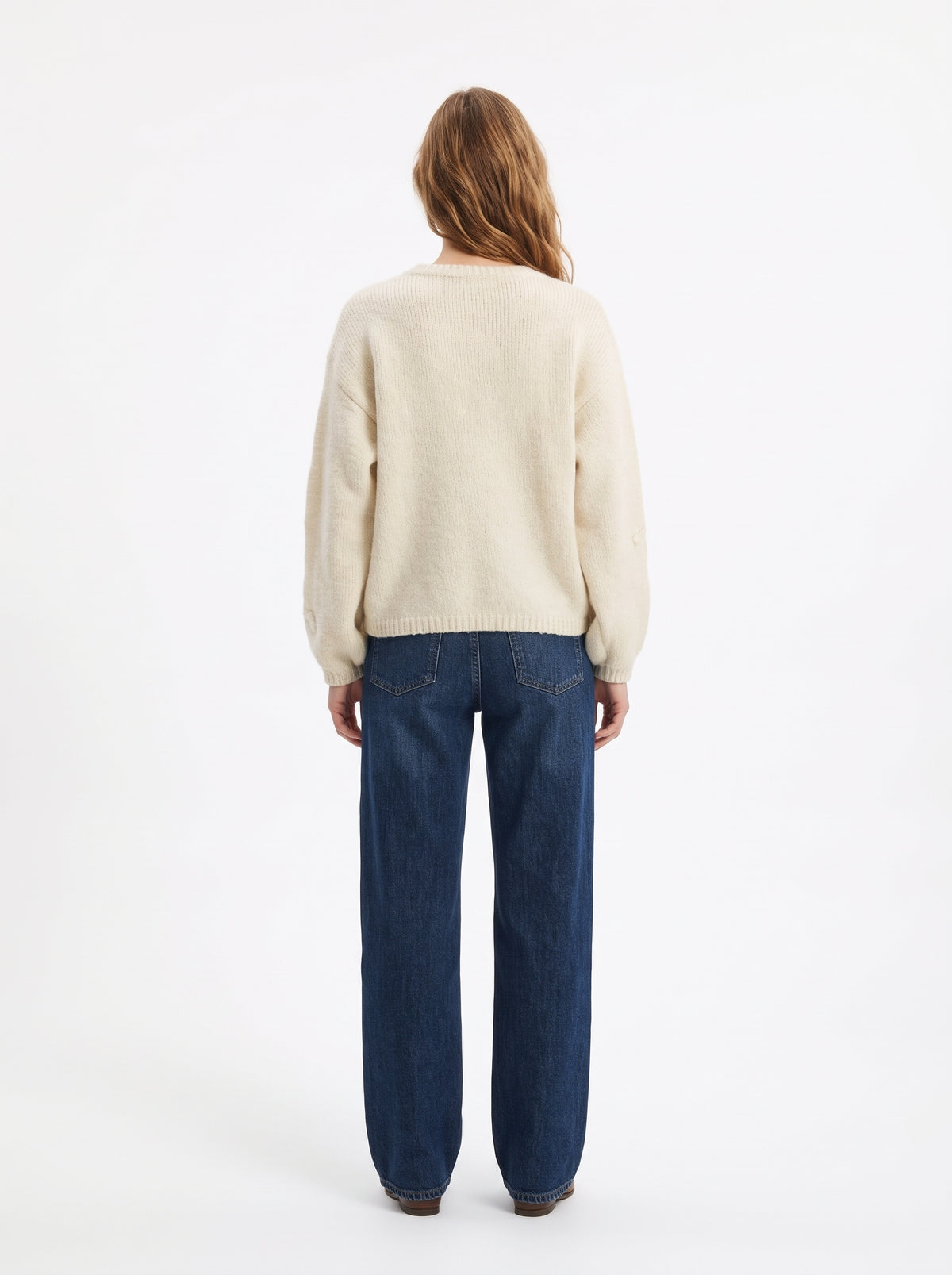 The Evangeline Floral Embroidered Crewneck Knit Sweater in Cream