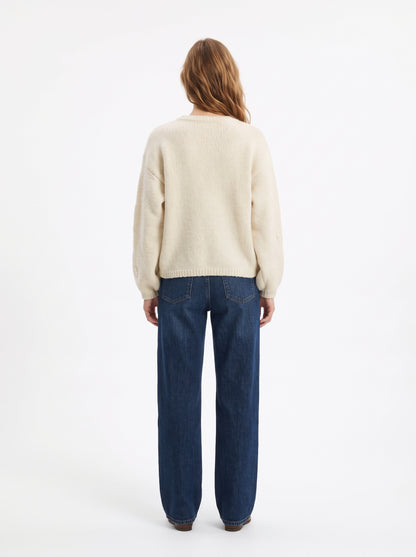 The Evangeline Floral Embroidered Crewneck Knit Sweater in Cream