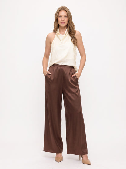 The Giselle Satin Wide-Leg Pull-On Pants in Chocolate Brown