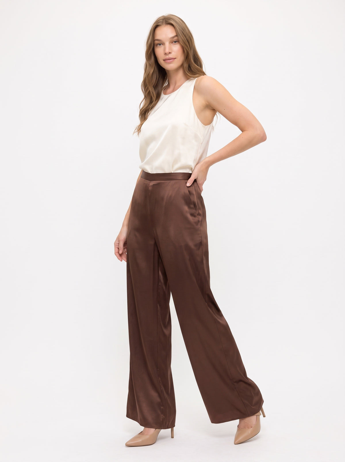 The Giselle Satin Wide-Leg Pull-On Pants in Chocolate Brown