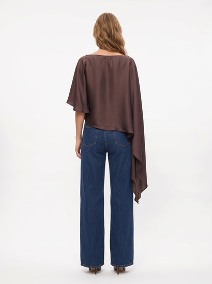 The Giselle Asymmetrical Draped Satin Poncho Top in Chocolate Brown