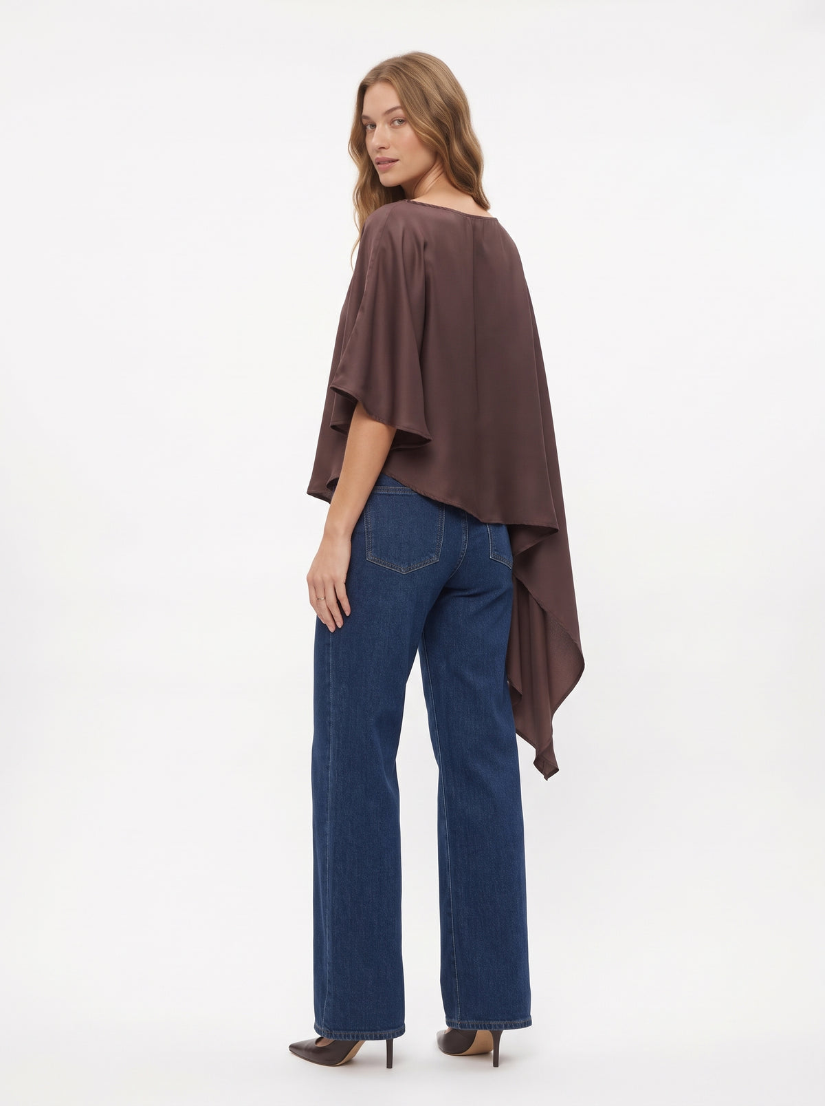 The Giselle Asymmetrical Draped Satin Poncho Top in Chocolate Brown
