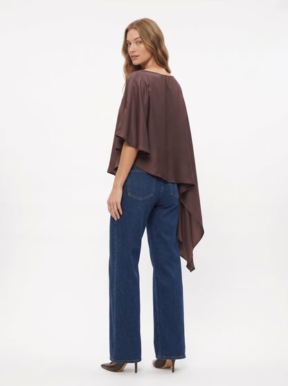 The Giselle Asymmetrical Draped Satin Poncho Top in Chocolate Brown