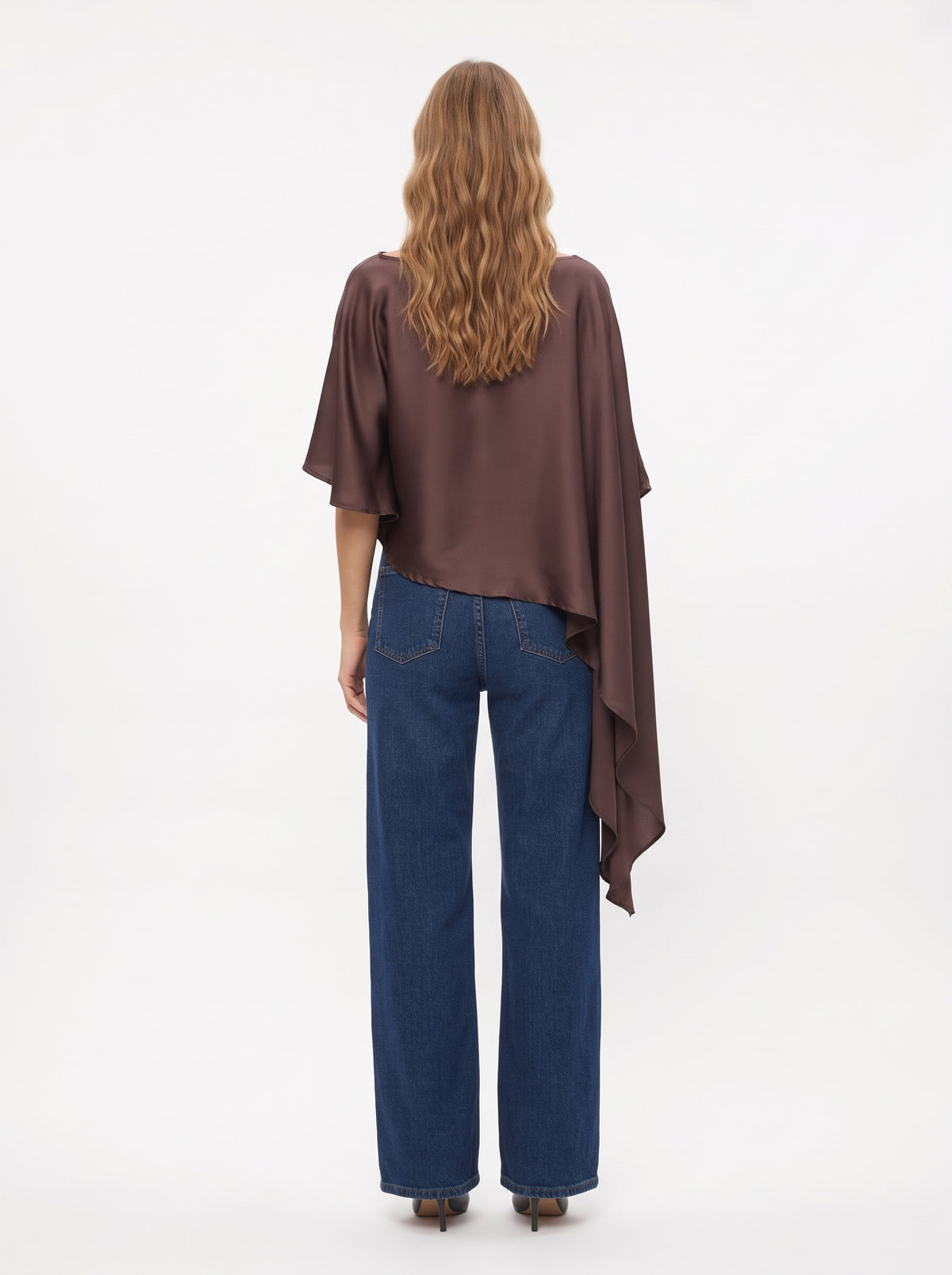 The Giselle Asymmetrical Draped Satin Poncho Top in Chocolate Brown