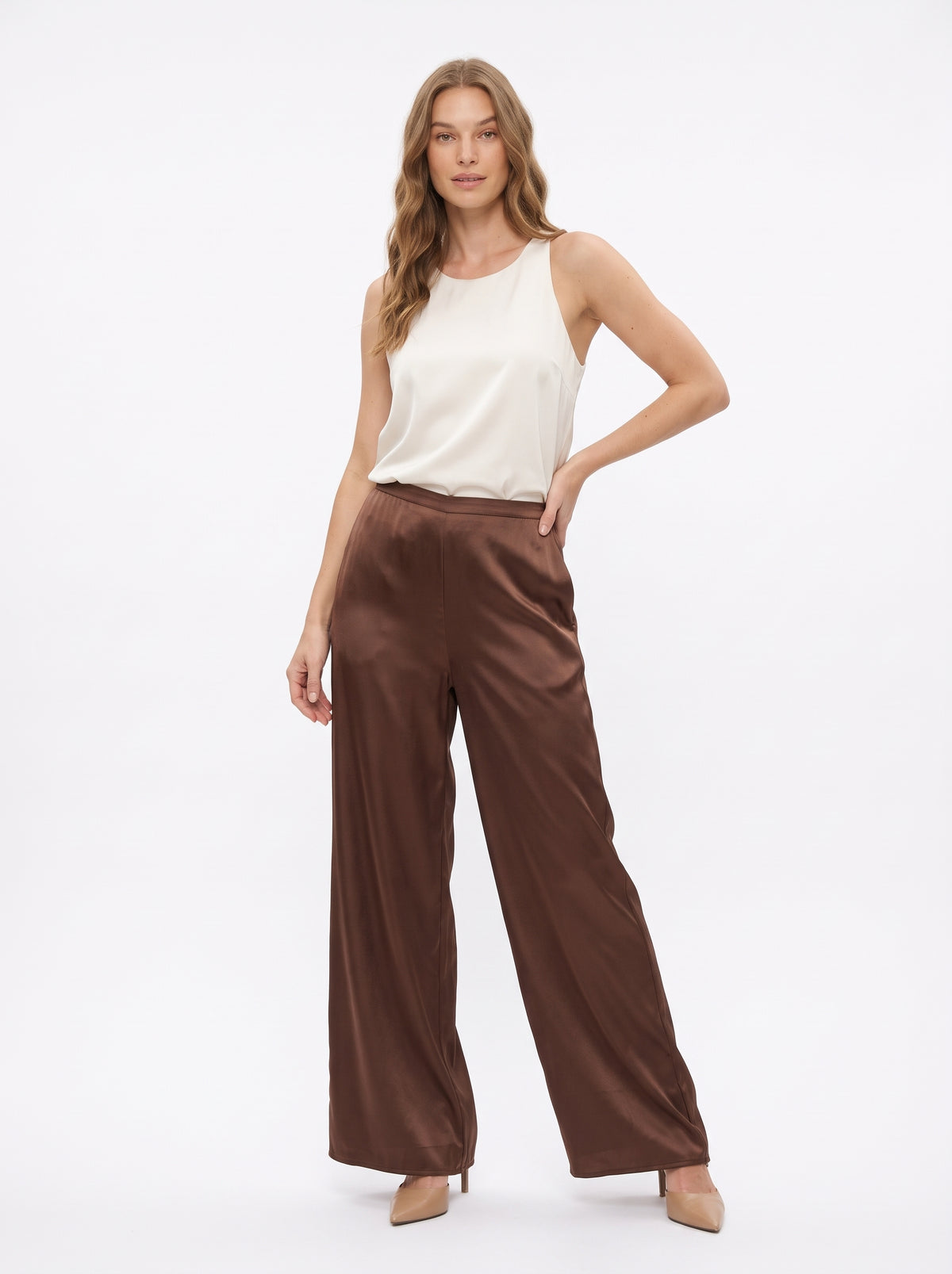 The Giselle Satin Wide-Leg Pull-On Pants in Chocolate Brown
