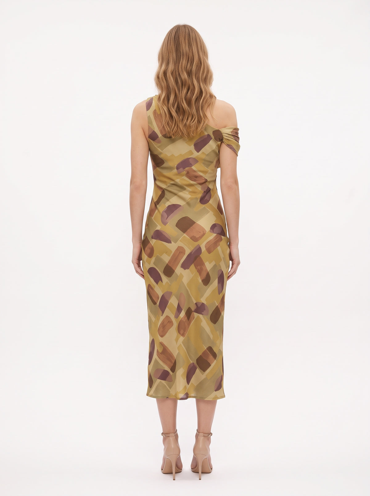 The Camilla One-Shoulder Abstract Print Midi Dress in Olive Multi