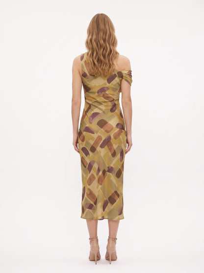 The Camilla One-Shoulder Abstract Print Midi Dress in Olive Multi