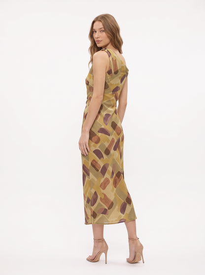 The Camilla One-Shoulder Abstract Print Midi Dress in Olive Multi