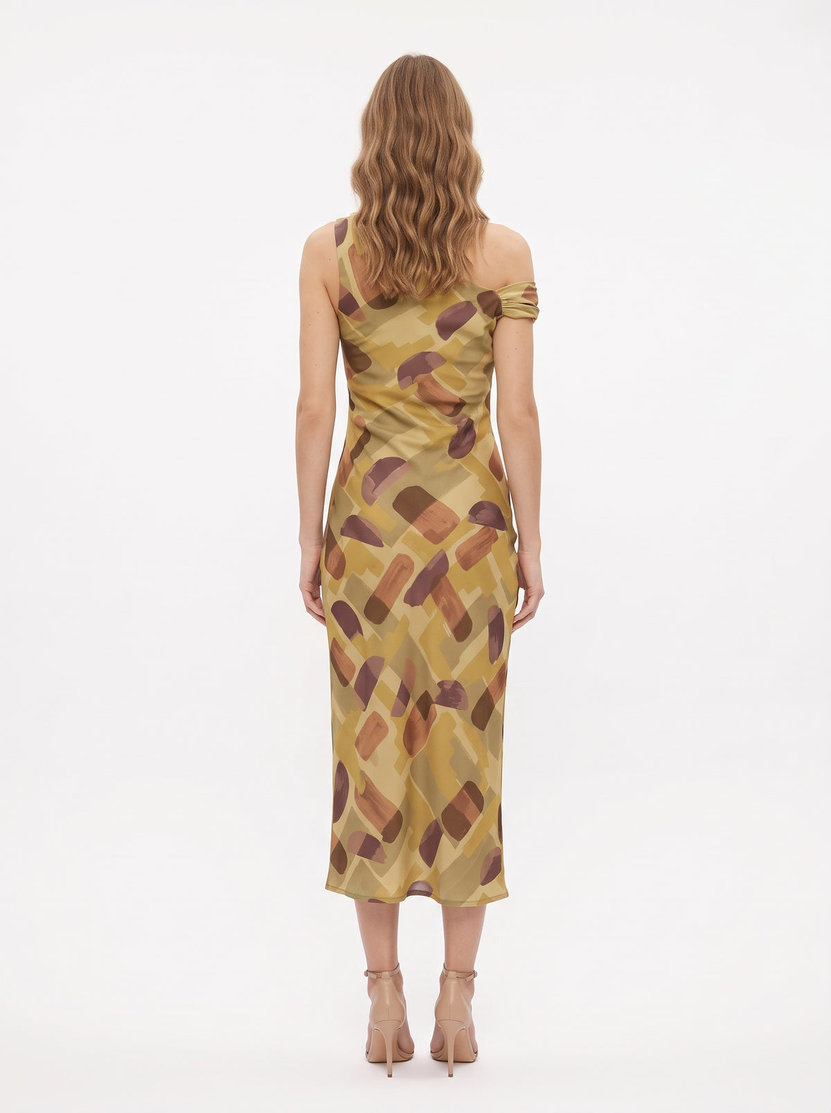 The Camilla One-Shoulder Abstract Print Midi Dress in Olive Multi
