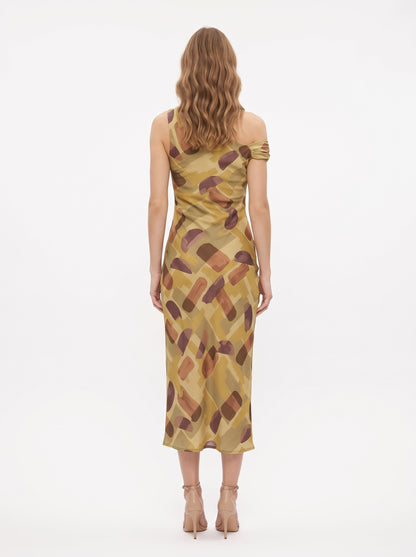 The Camilla One-Shoulder Abstract Print Midi Dress in Olive Multi