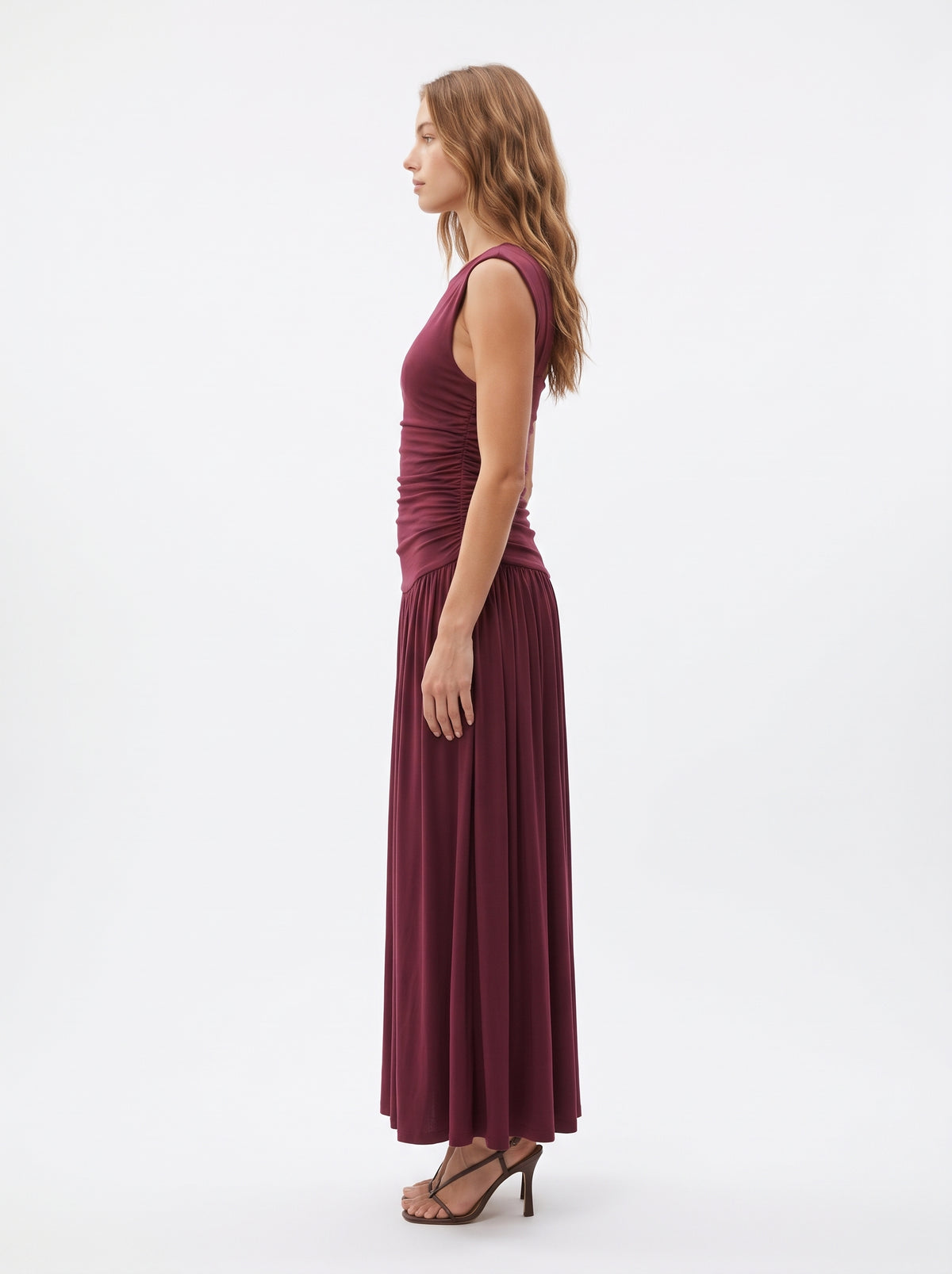 The Valentina Ruched Drop-Waist Sleeveless Maxi Dress in Burgundy