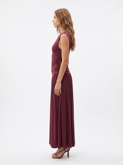 The Valentina Ruched Drop-Waist Sleeveless Maxi Dress in Burgundy
