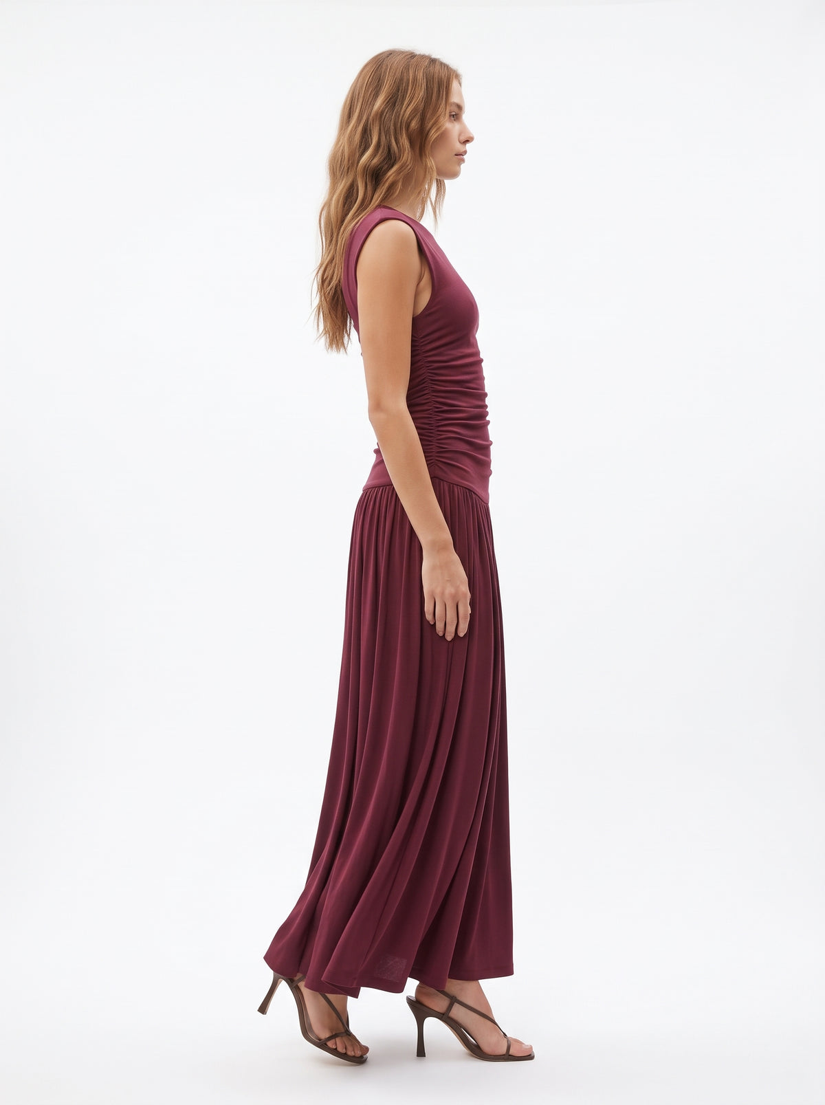 The Valentina Ruched Drop-Waist Sleeveless Maxi Dress in Burgundy