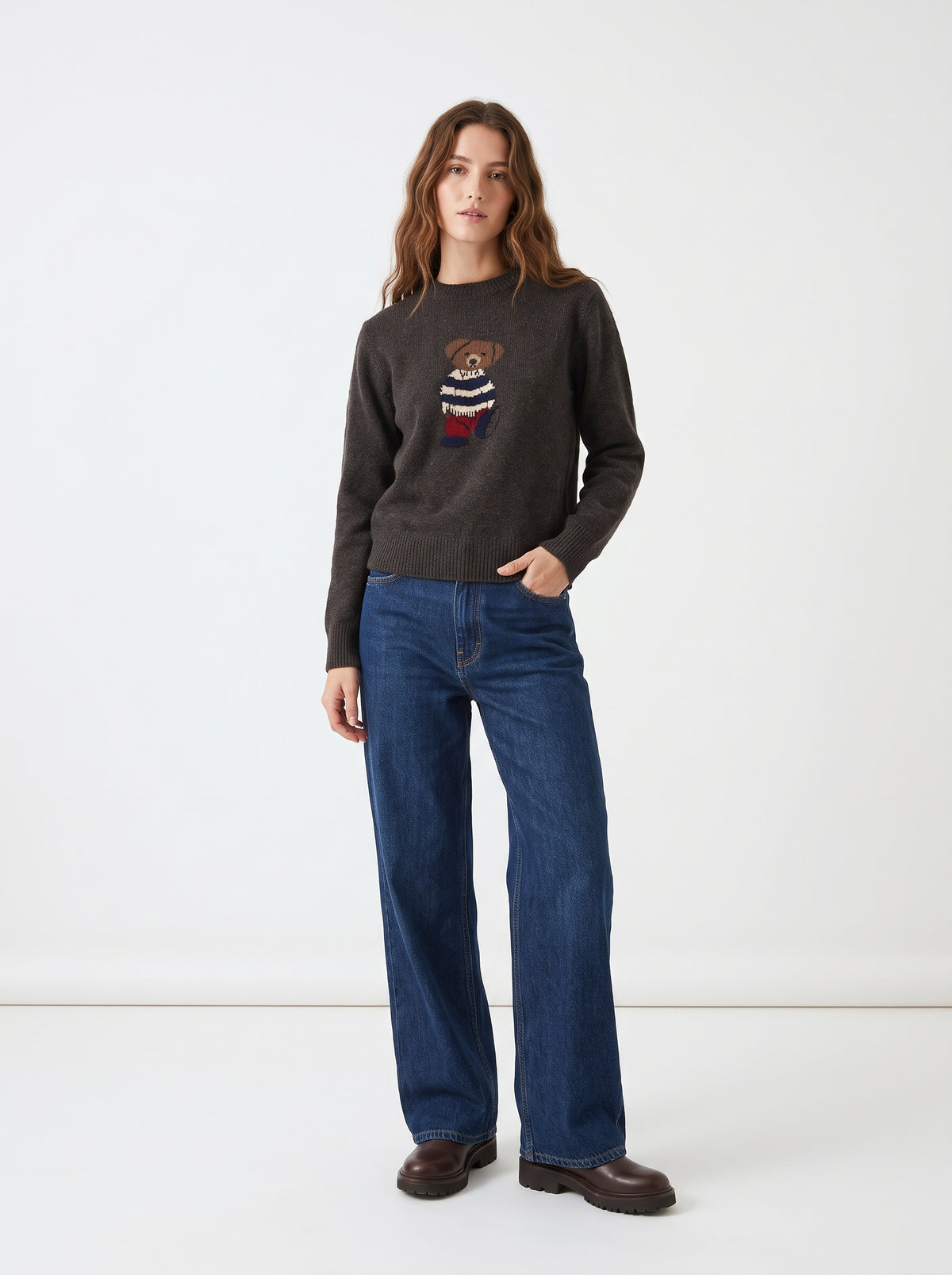 The Teddy Intarsia-Knit Crewneck Sweater in Charcoal