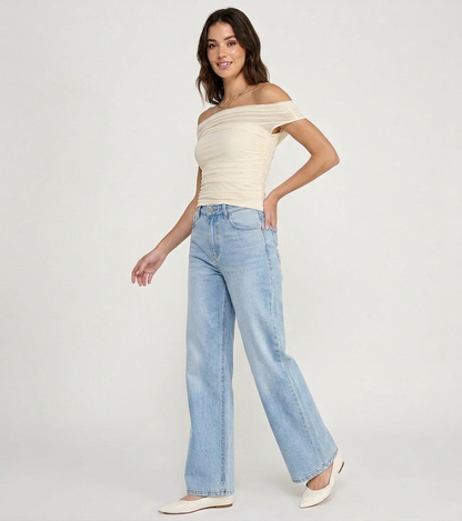 The Serene Ruched Asymmetrical Mesh Bardot Top