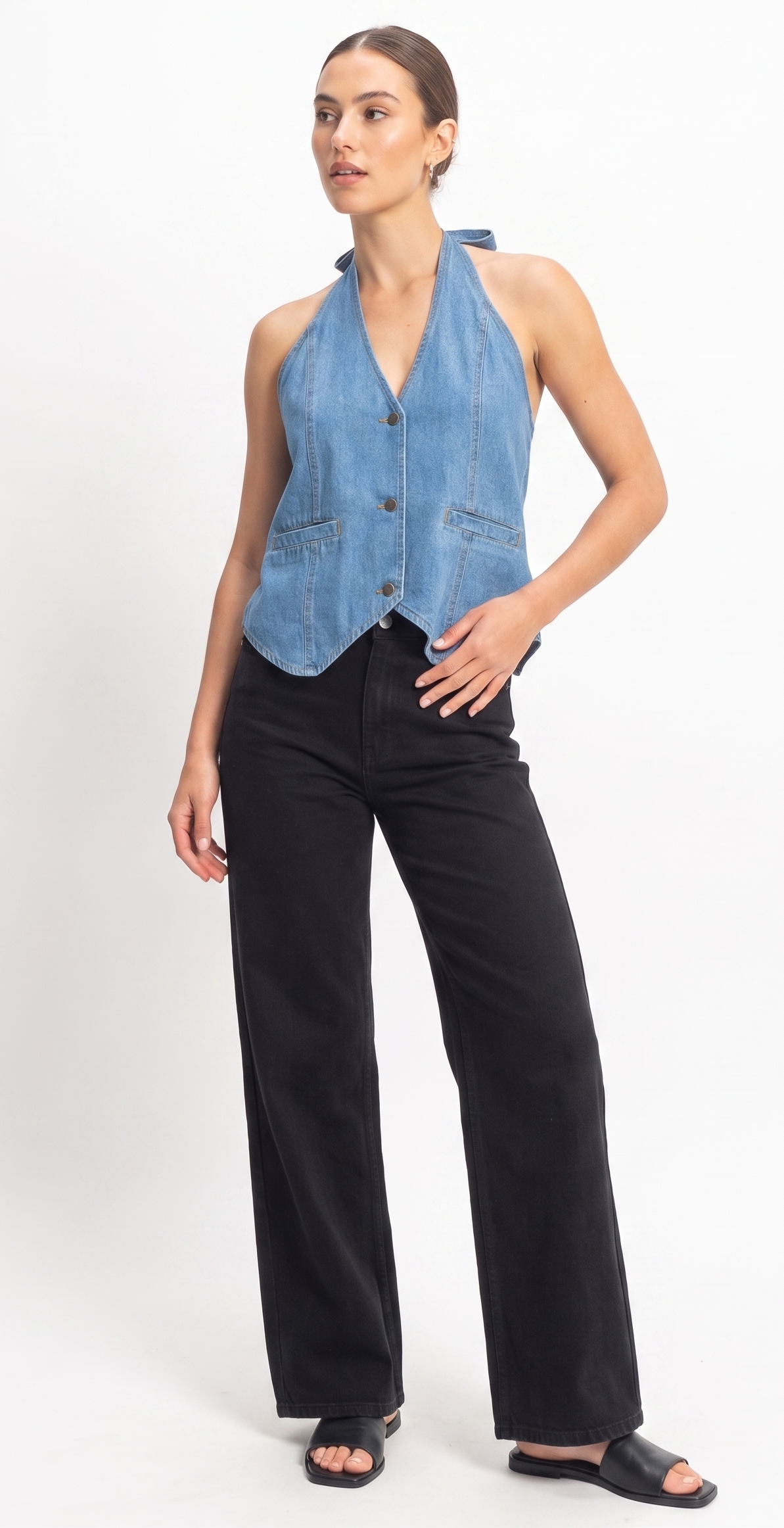The Malibu Open-Back Denim Halter Vest Top