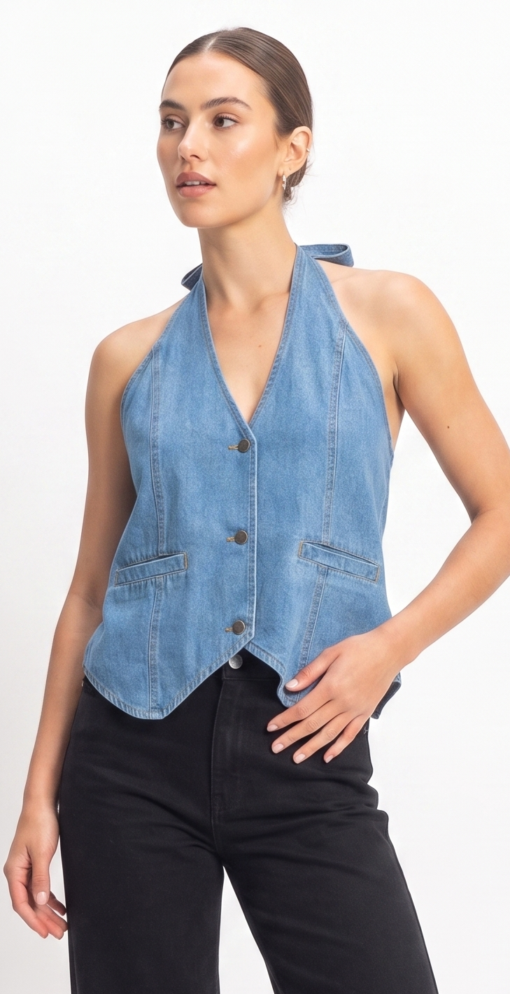 The Malibu Open-Back Denim Halter Vest Top