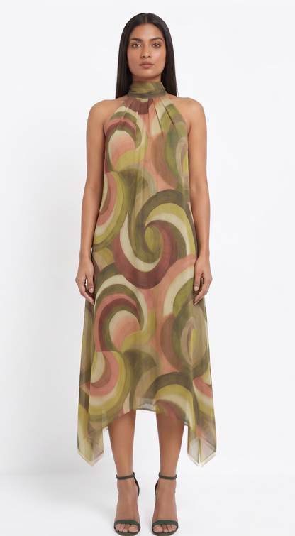 The Siena Swirl Hand-Painted Handkerchief Midi Dress