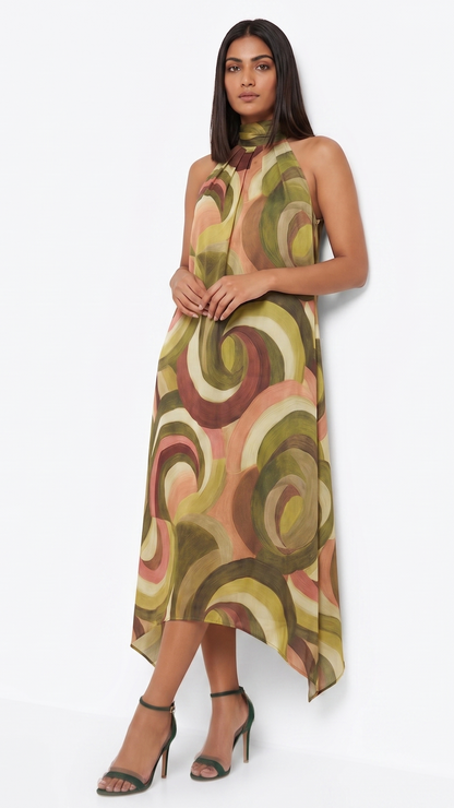 The Siena Swirl Hand-Painted Handkerchief Midi Dress