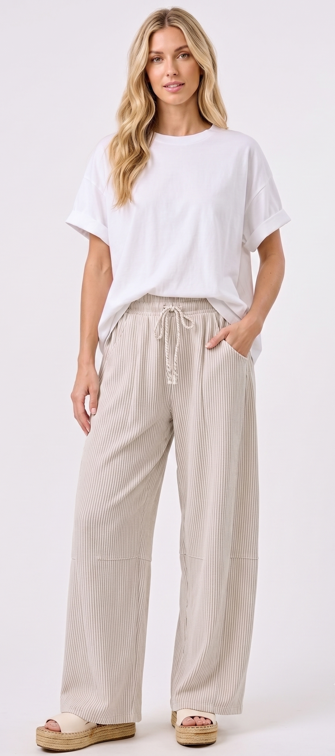 The Coastal Breeze Barrel Pinstripe Drawstring Wide-Leg Pants