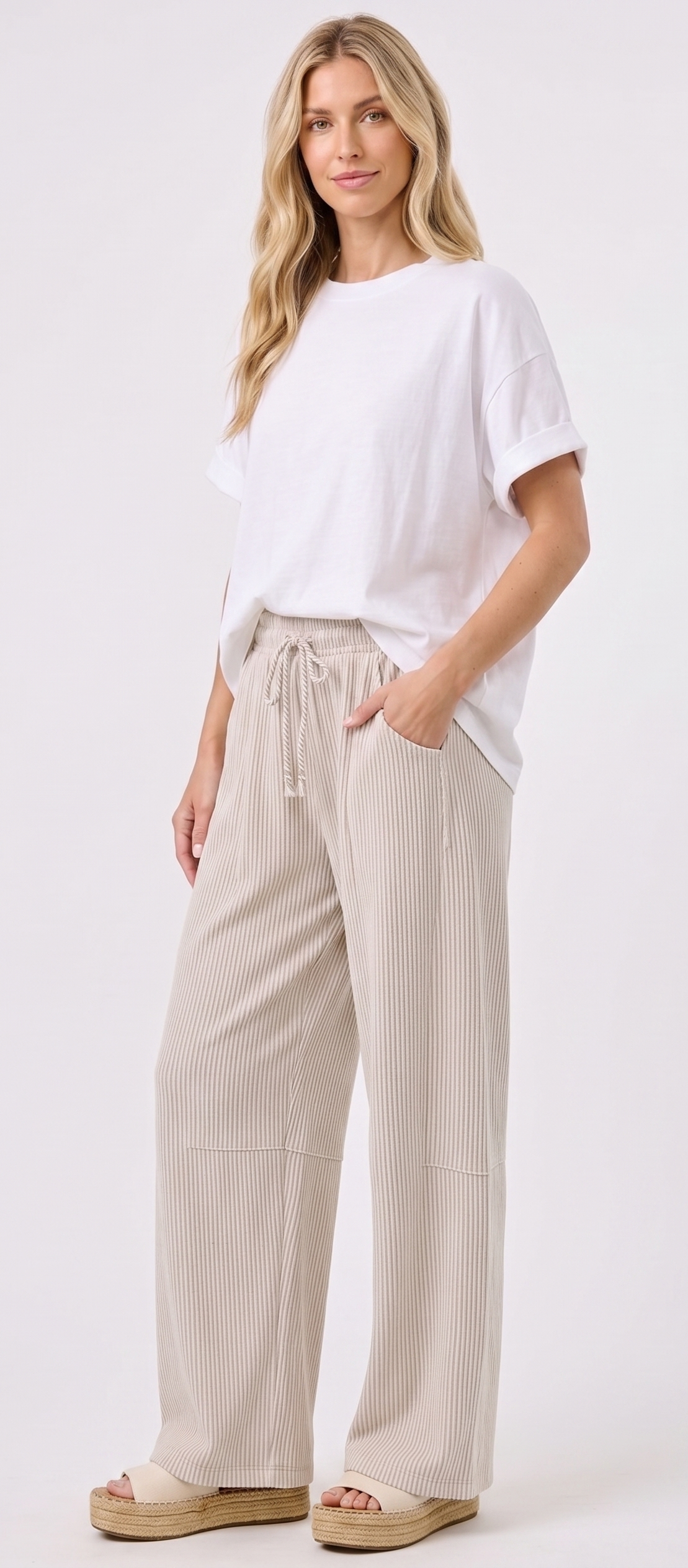 The Coastal Breeze Barrel Pinstripe Drawstring Wide-Leg Pants