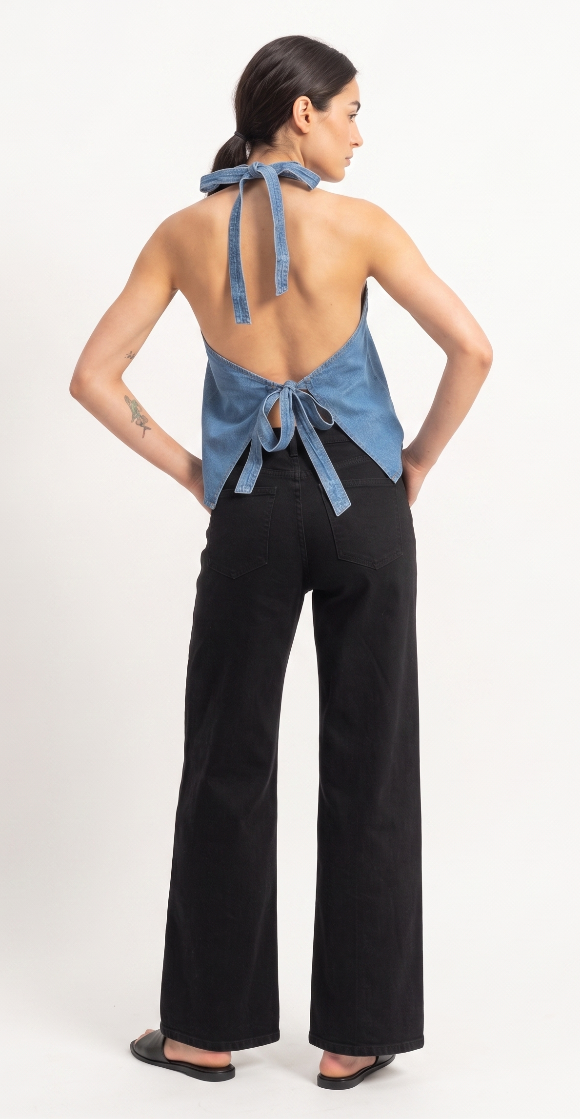 The Malibu Open-Back Denim Halter Vest Top