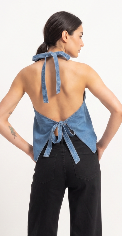 The Malibu Open-Back Denim Halter Vest Top