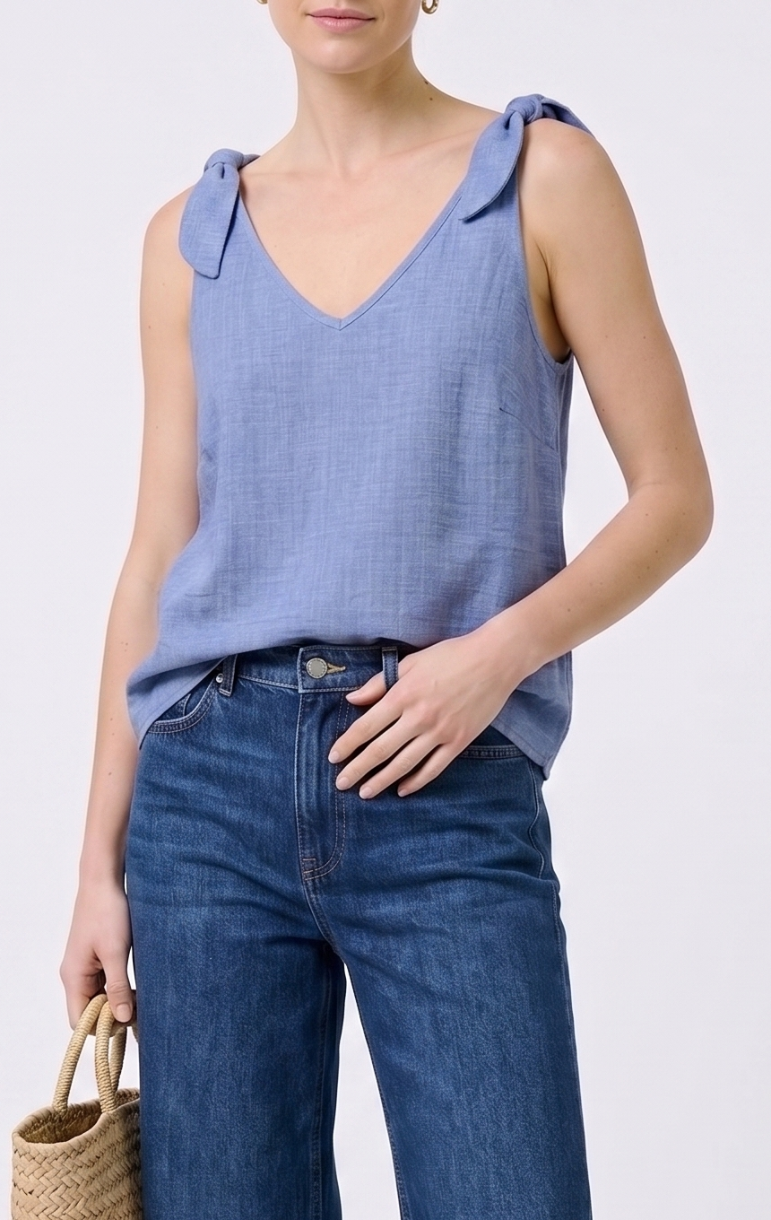 The Capri Tie-Shoulder Linen V-Neck Tank