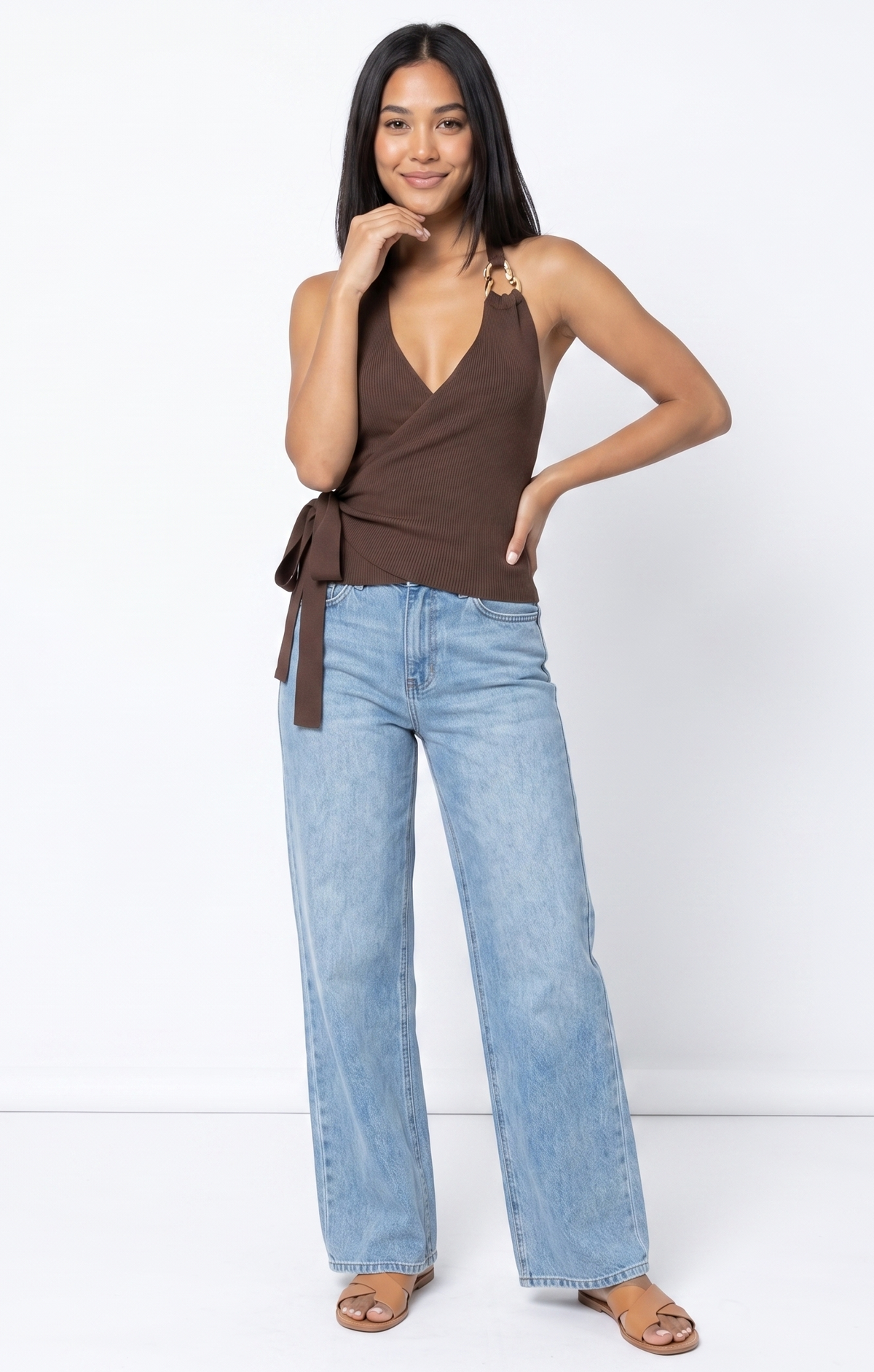 The Monaco Ring-Detail Ribbed Wrap Halter Top