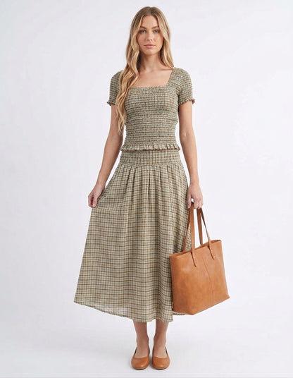 The Hazel Smocked-Waist A-Line Midi Skirt in Sage Plaid